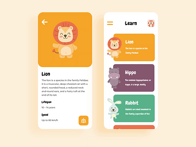 Kids Learn animals animation app cards design education education app illustration kids app learning motion slider