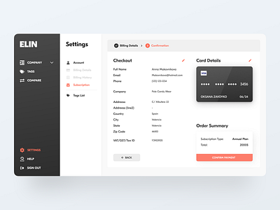 Elin.ai Dashboard billing card checkout dashboard dashboard ui payment remote work settings startup subscription summary ui ux