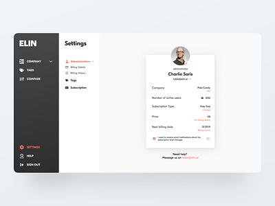 Elin.ai Profile account administrator avatar card dashboard info profile page settings startup ui user