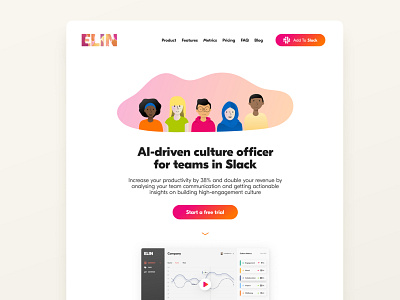 Elin.ai ai analytics data gradient color landingpage saas saas landing page slack teams teamwork tracking