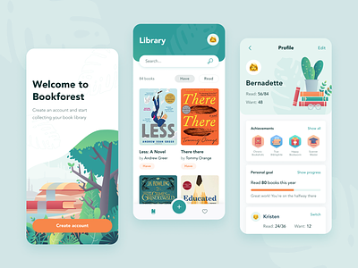 Bookforest: shared book library for the whole family achievements app application books design forest graphic design green illustration library mobile application plants profile rewards rst trees ui ux