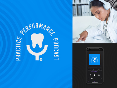Practice Performance Podcast badge brand branding dental flat health illustration listen logo mark microphone podcast simple tooth