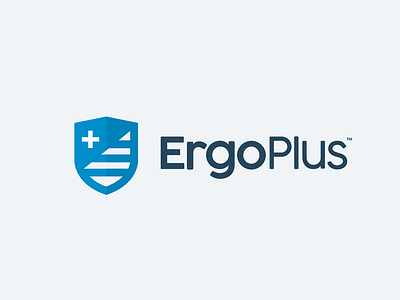 Ergo Plus - Concept brand branding crest design ergonomic logo mark minimal plus shield stripes type vector