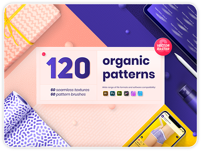 Organic patterns - 120 textures and brushes collection brush creative download illustrator modern natural organic pattern photoshop procreate repeating seamless pattern set template textile texture texture brushes trendy vector wrapping