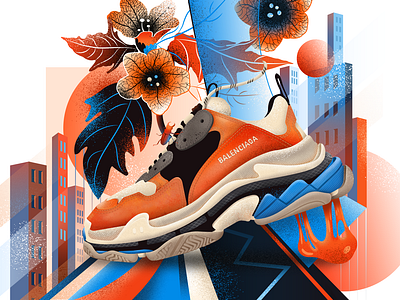 Balenciaga Triple S Illustration bubble gum city flower illustration orange sneakers