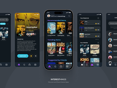 interesThings - Movie, Book, and Music Review book clean dark mode discover gradient mobile app movie music review simple ui user interaface ux