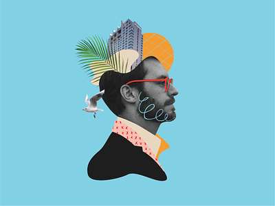 Tuto from Miami beach blue collage design face identity illustration palm tree portrait