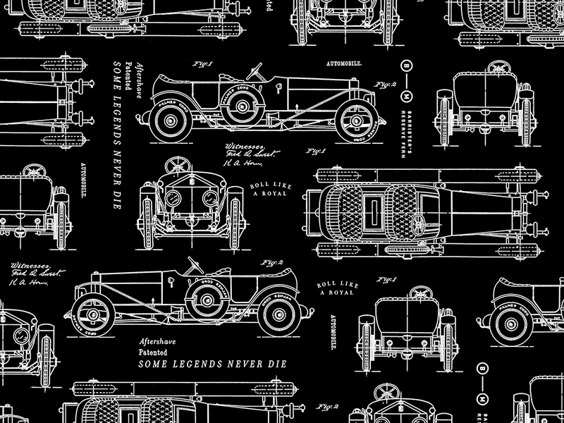 Roll like a Royal. aftershave mens grooming oldschool barristerandmann design system branding rollsroyce blueprints pattern