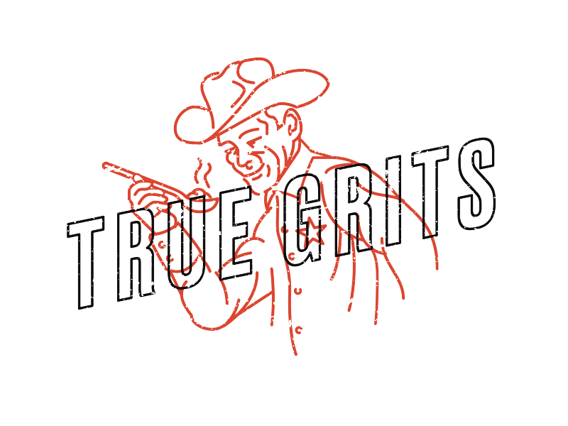 True Grits letterpressed sherrif cowboyhat breakfast truegrit western mark logo branding typography overlay cowboy illustration grits