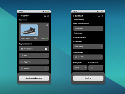 Credit Card Checkout | Daily UI #002 app ui design appui dailyui dailyui002 dark theme ecommerce app ui design