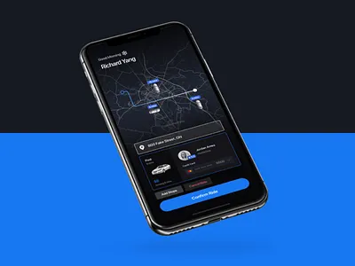 Rideshare Concept app book cab car carpool dark dark mode dark theme dark ui ios iphone minimal mobile order rideshare taxi taxi app uber