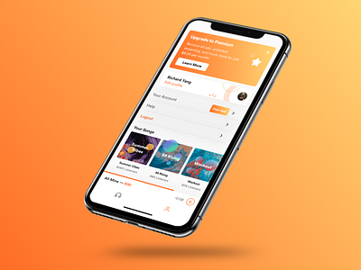 Audio Streaming Profile Page (Upgrade Flow) app audio audio app audiobook listen minimal orange page podcast premium profile purchase songs soundcloud stream streaming subscription upgrade