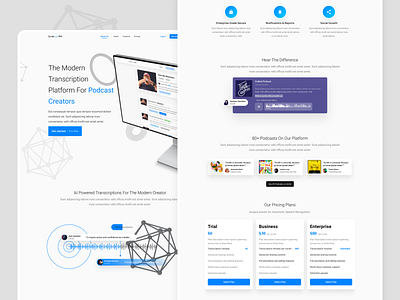 Scribr Landing Page (Business) ai api audio branding developer developer tools flat landing page listen minimal mockup podcast podcasts pricing social proof stream tech transcription web website