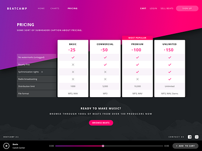 Pricing Table Exploration beat compare dark music plans pricing site song stream theme ui web