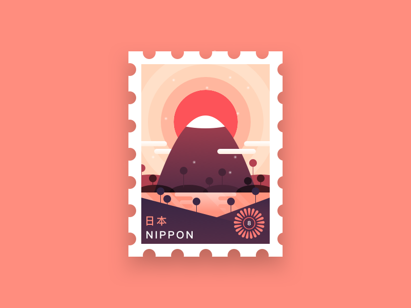 Japan Stamp Rebound warm minimal flat logo icon japan nippon gradient shadow illustration stamp rebound