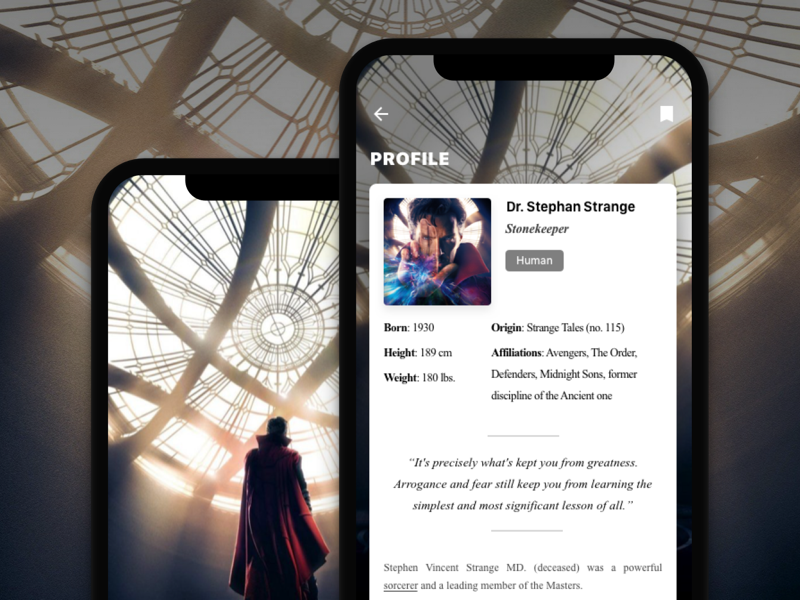 Movie Character Bio Concept read phone ios card detail bio profile avengers strange dr show movie