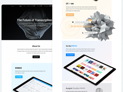 Auspre — Automatic Speech Recognition Landing Page (WIP) 3d ai api artificial intelligence audio auspre blender cinema 4d desktop gradient landing page listen mockup podcast render scribr stream technical web website