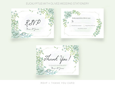 Thank you card and RSVP with watercolor leaves brochure card floral flower frame leaf love marriage nature ornaments pattern restaurant rsvp template thank you vintage watercolor watercolor flowers wedding wreath