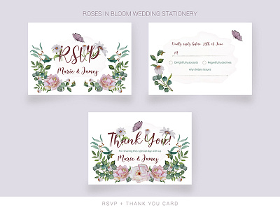 Wedding RSVP card and thank you card brochure card floral flower frame leaf love marriage name nature paint pattern pink restaurant rsvp template thank you vintage watercolor wedding