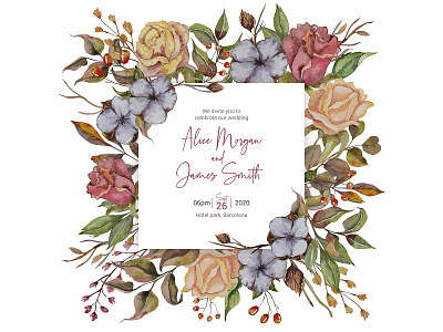 Autumn wedding invitation with roses and cottons