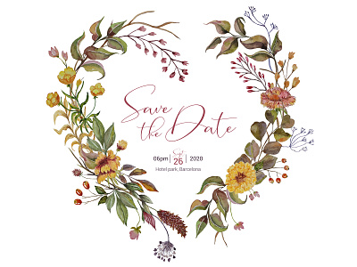 Wedding invitation with autumn heart wreath