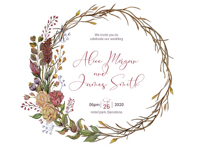 Wedding invitation with autumn watercolor decoration branch wreath marriage wedding wedding card