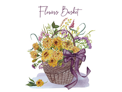 Invitation card with basket of flowers basket bouquet bow card celebration illustration invitation