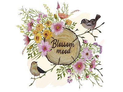 Invitation card with birds and autumn flowers