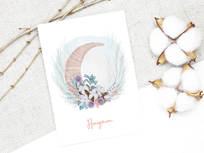 Honeymoon with cotton flowers branch eucalyptus feathers flowers leaves poppy tree