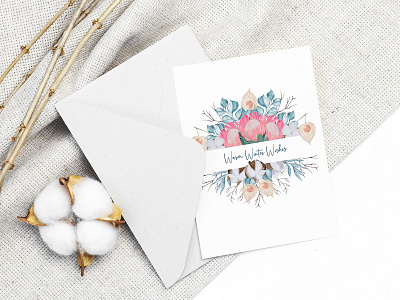 Greeting card with flowers and eucalyptus