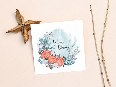 Winter card with red flowers branch eucalyptus feathers flowers leaves poppy tree