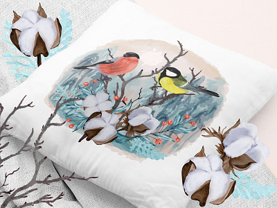 Winter Birds on branch background bird bullfinch cartoon floral flowers frame mammal pillow sparrow white animal wildlife