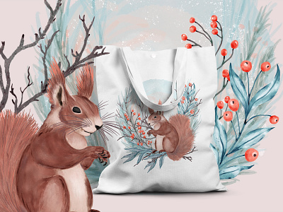 Squirrel in the forest background bag december floral hand drawn