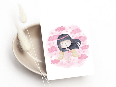 Cute angel gril with clouds angel card cartoon character cloud girl greeting heart hearts hero valentine card valentines valentines day wing wings