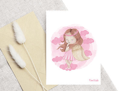 Cute angel and pink sky angel card cartoon character cloud girl greeting heart hearts hero pink sky valentine card valentines valentines day wing wings