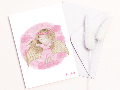 Cute angel with pink clouds angel birthday card cartoon character cloud girl heart hearts hero pink sky valentine card valentines valentines day wing wings