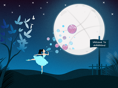 First shot - Dribbbland ballerina bubbles illustration moon night