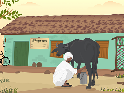 Gauri doodh wala ( Milkman ) buffalo cycle doodhwala illustration indian milk milkman village villageman