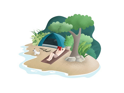 Secret Camping Spot beach camping dog flat grainy illustration tent