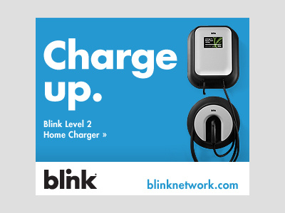 Banner Ad for Blink banner ad blink blink network blue banner ad ecotality electric vehicle charger flash banner ad hello home level 2 charger residential ev charger wall mount