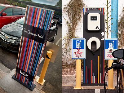 The Clarendon Hotel black stripes blink blue and yellow custom design ecotality electric vehicle charger hotel in phoenix orange and purple stripes colors the clarendon hotel the ev project touch screen