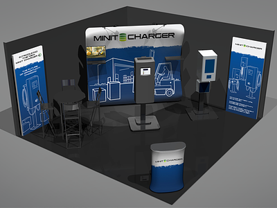 Minit Charger Trade Show Booth Graphics blue illustration concept rendering electric vehicle floorplan for trade show booth forklift illustration industrial design pop up banner promat 2013 rendering of trade show booth tear effect top level floor plan trade show booth