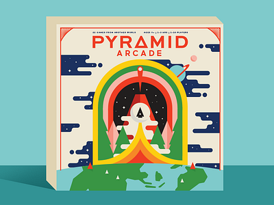 Pyramid Arcade box branding earth game illustration packaging pyramid rocket space trees vector volcano