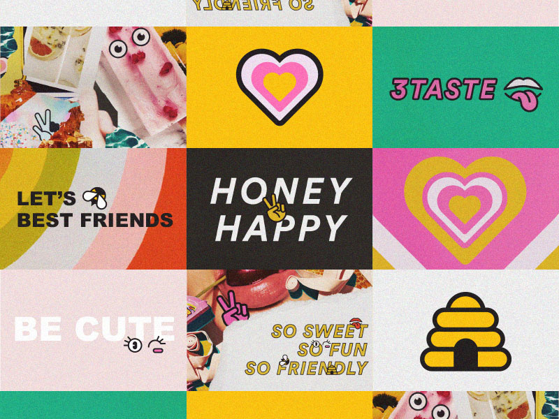 Happy and Sweet brand lifestyle collage heart mouth bee honey icon logo concept style branding