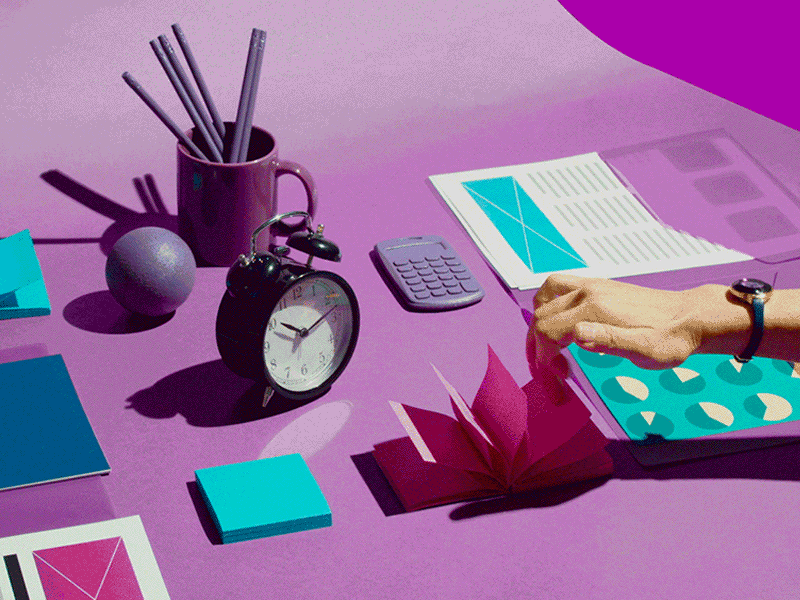 Walking through Wednesday animation clock desk graphic hand office purple set design
