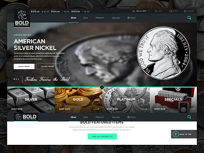 Bold Precious Metals coins currency ecommerce home page precious metals stock ticker ticker ui uiux ux website