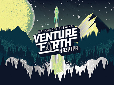 Venture Forth beer beer can beer label can craft beer design forest galaxy illustration lettering logo moon mountain packaging rocket rocket launch space starts type