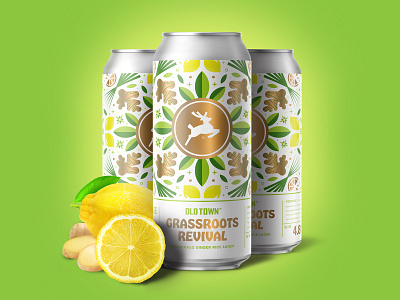 Grassroots Revival alcohol beer beer can beer label branding brewery citus design fruit ginger illustration leaves lemon lemongrass lettering packaging pattern