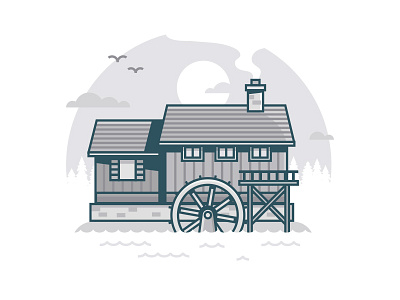 Watermill birds cabin clouds design forest house illustration lines rustic water watermill woods