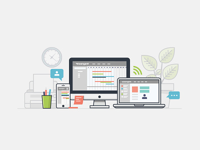 Team Gantt app computer corporate design desk icon illustration laptop mobile office phone plant